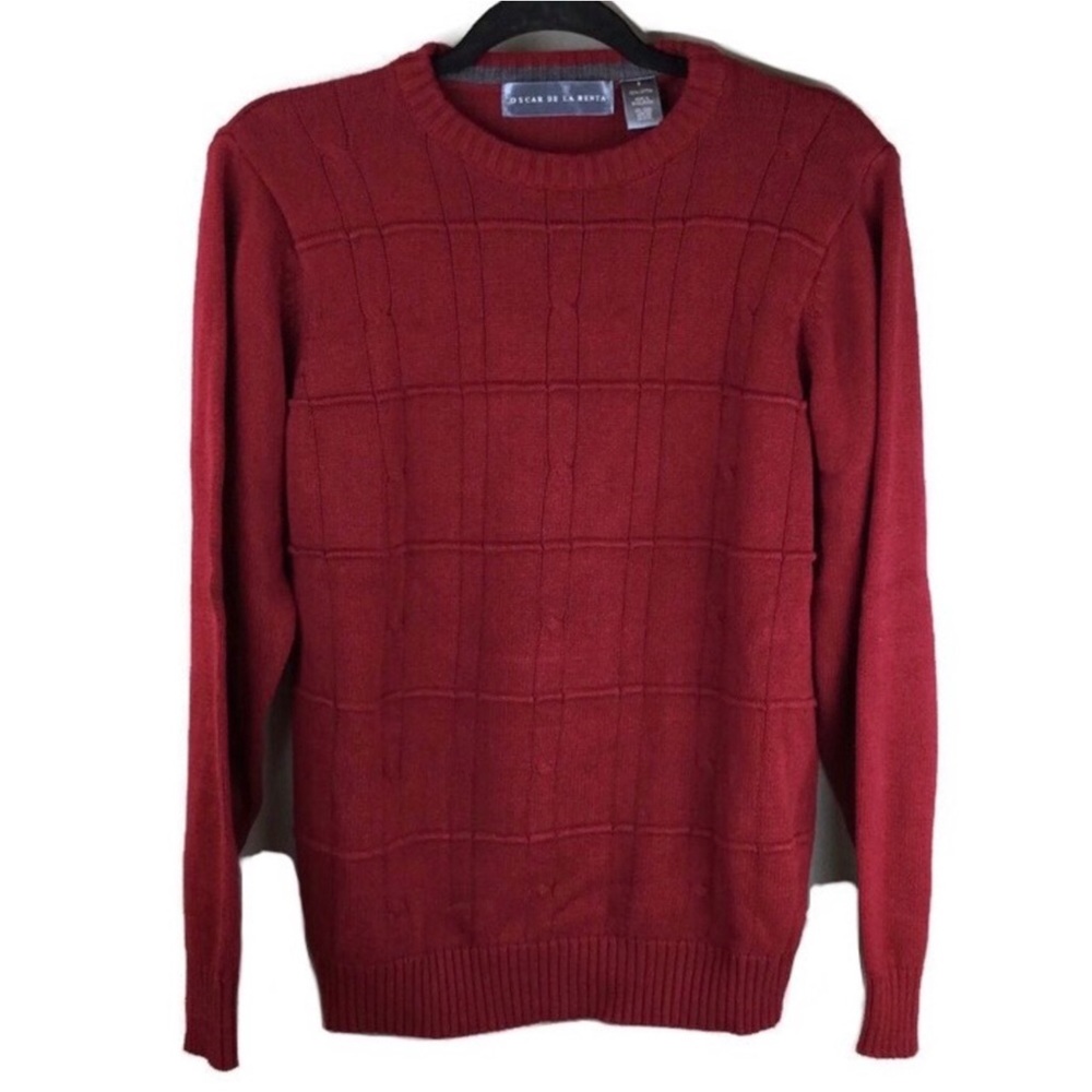 Oscar de la Renta Cable Knit Ribbed Crew Neck Red Cotton Sweater Men Size Small